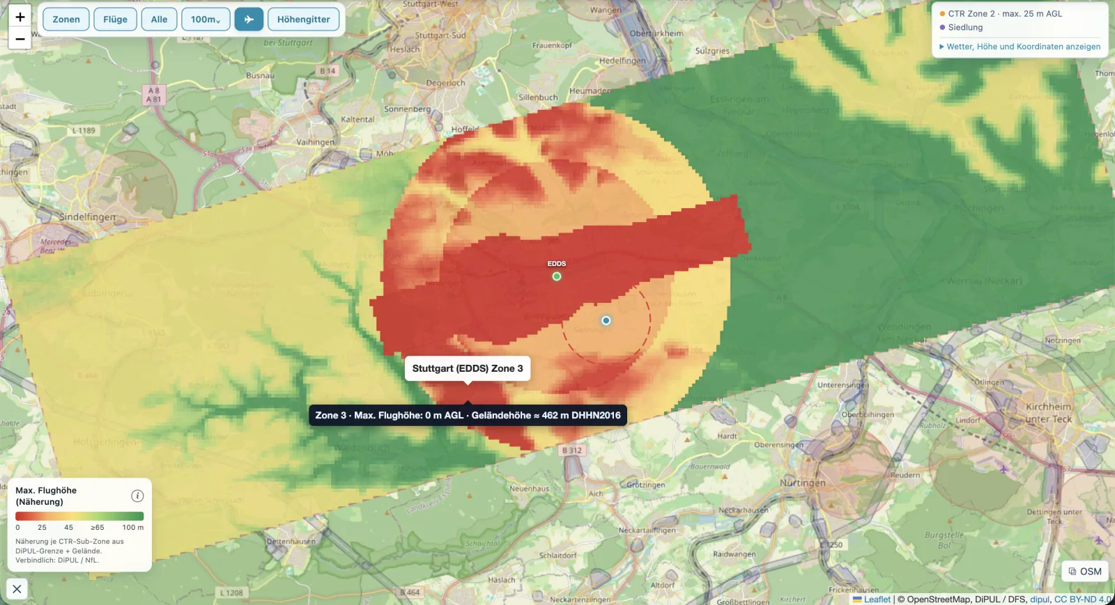 SkyCheck-Höhengitter über der Kontrollzone Stuttgart (EDDS): Farbraster der maximal erlaubten Drohnen-Flughöhen mit Bedienelementen, Legende, Tooltip und Status-Overlay.